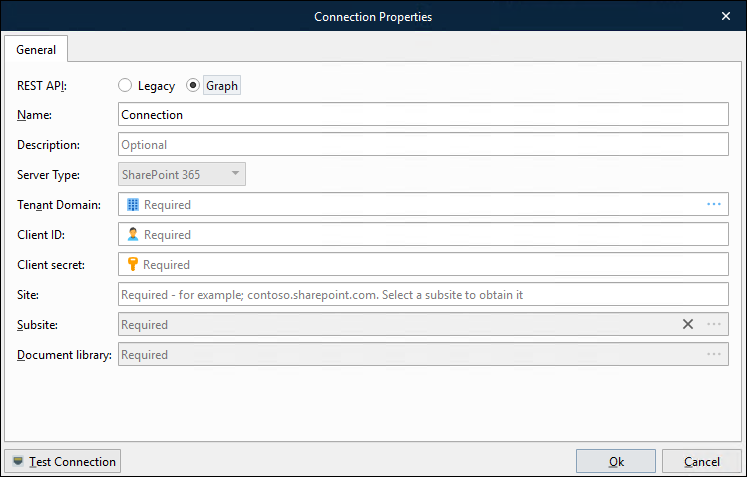 The Connection Properties for a SharePoint connection with Graph selected as the REST API property value.